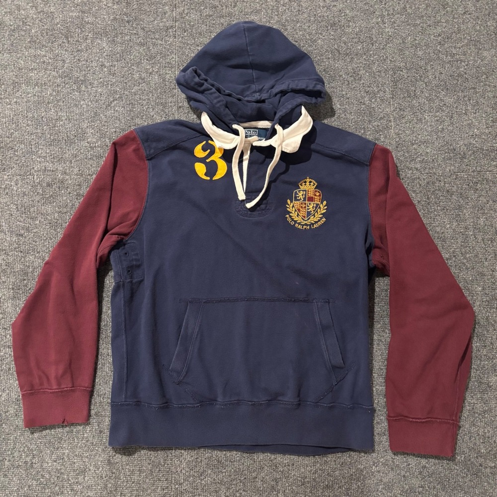 VTG Polo Ralph Lauren Mens Rugby Hoodie Navy Burgundy Colorblock Crest Size L